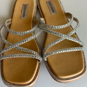 Steve Madden Silver Braided Crystal-Strap Slide Sandals
